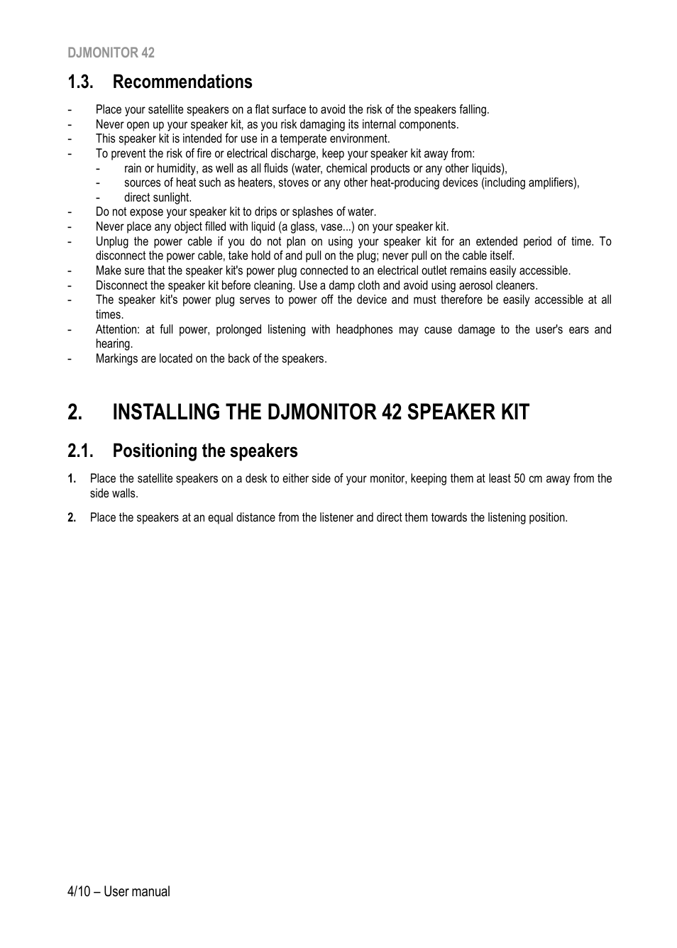 Recommendations, Installing the djmonitor 42 speaker kit, Positioning the speakers | Hercules DJMonitor 42 - 4" Active Multimedia Speakers (Pair) User Manual | Page 5 / 199