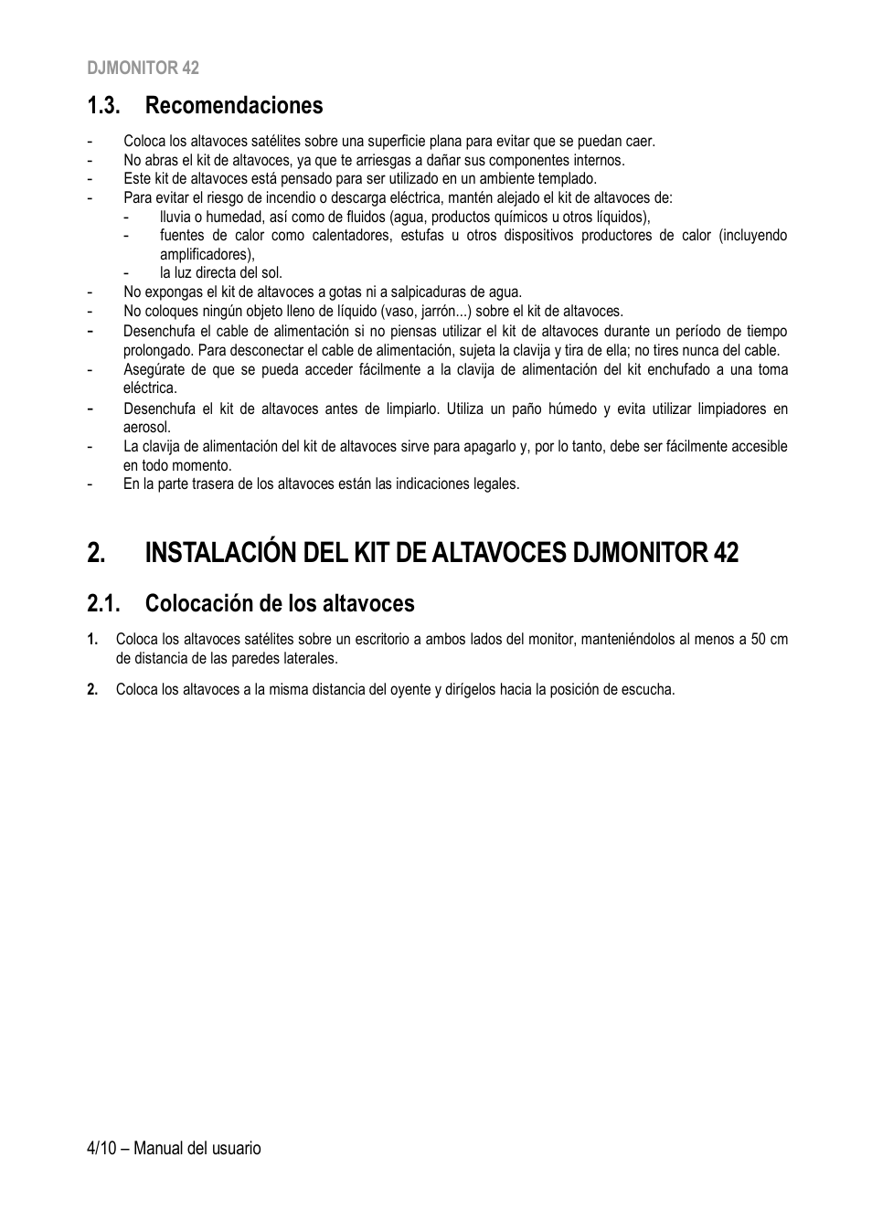 Recomendaciones, Instalación del kit de altavoces djmonitor 42, Colocación de los altavoces | Hercules DJMonitor 42 - 4" Active Multimedia Speakers (Pair) User Manual | Page 55 / 199