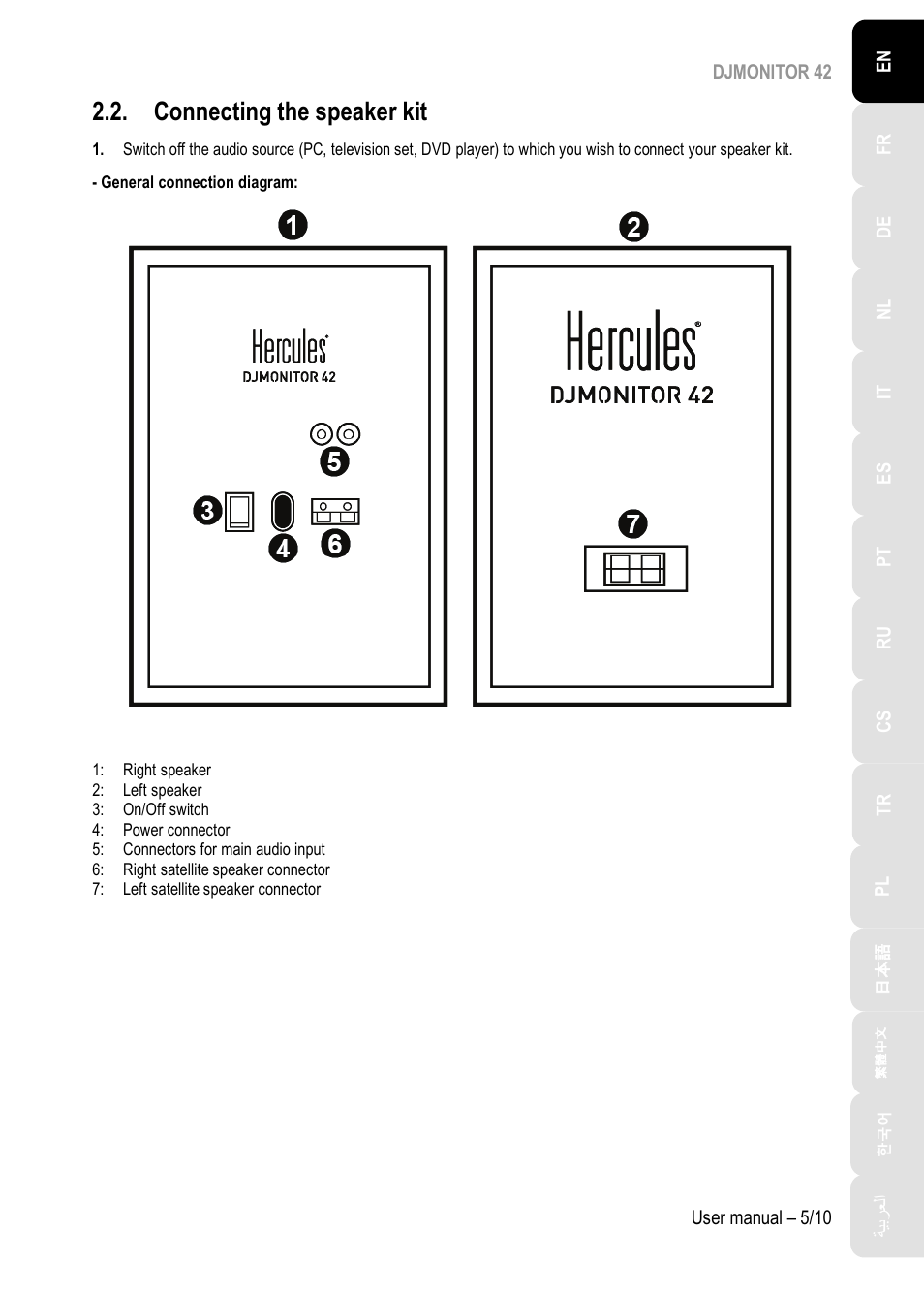 Connecting the speaker kit | Hercules DJMonitor 42 - 4" Active Multimedia Speakers (Pair) User Manual | Page 6 / 199