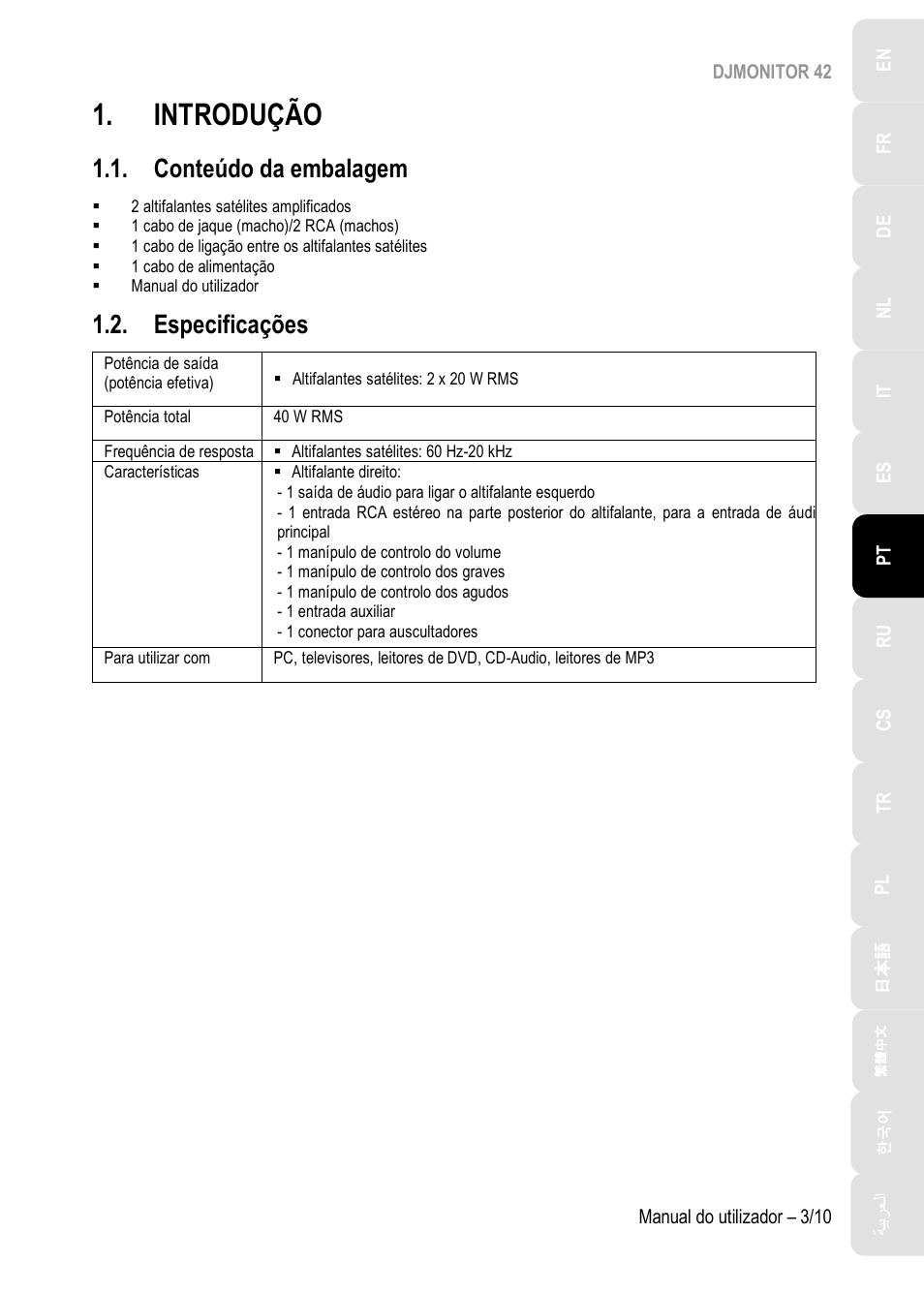 Introdução, Conteúdo da embalagem, Especificações | Hercules DJMonitor 42 - 4" Active Multimedia Speakers (Pair) User Manual | Page 64 / 199
