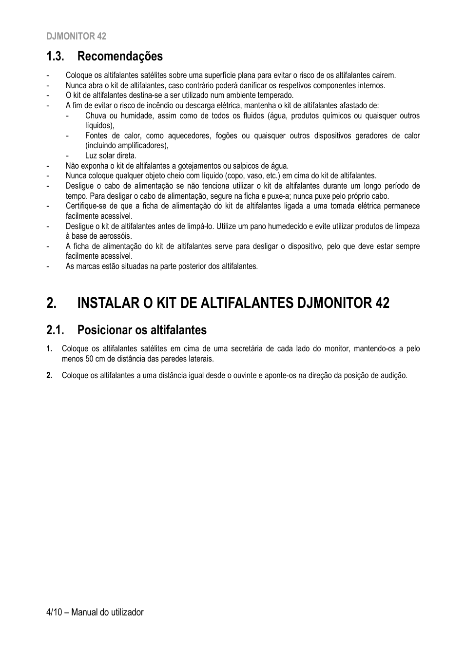Recomendações, Instalar o kit de altifalantes djmonitor 42, Posicionar os altifalantes | Hercules DJMonitor 42 - 4" Active Multimedia Speakers (Pair) User Manual | Page 65 / 199