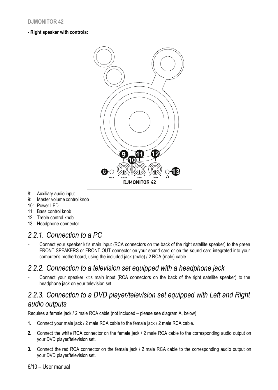 Connection to a pc, Outputs | Hercules DJMonitor 42 - 4" Active Multimedia Speakers (Pair) User Manual | Page 7 / 199