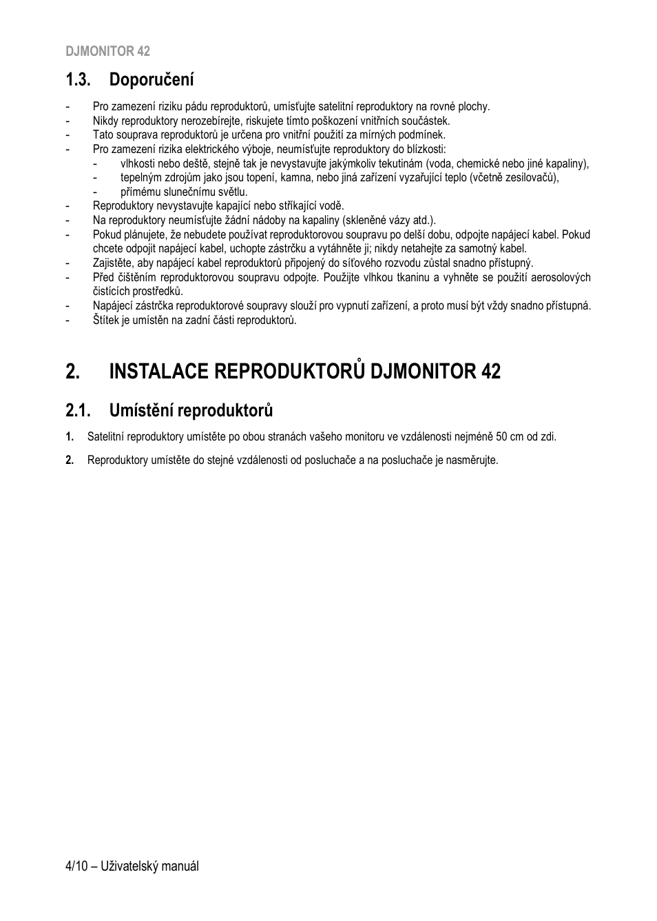 Doporučení, Instalace reproduktorů djmonitor 42, Umístění reproduktorů | Instalace reprodukto, Rů djmonitor 42, Instal ace reproduktorů djmonitor 42 | Hercules DJMonitor 42 - 4" Active Multimedia Speakers (Pair) User Manual | Page 85 / 199