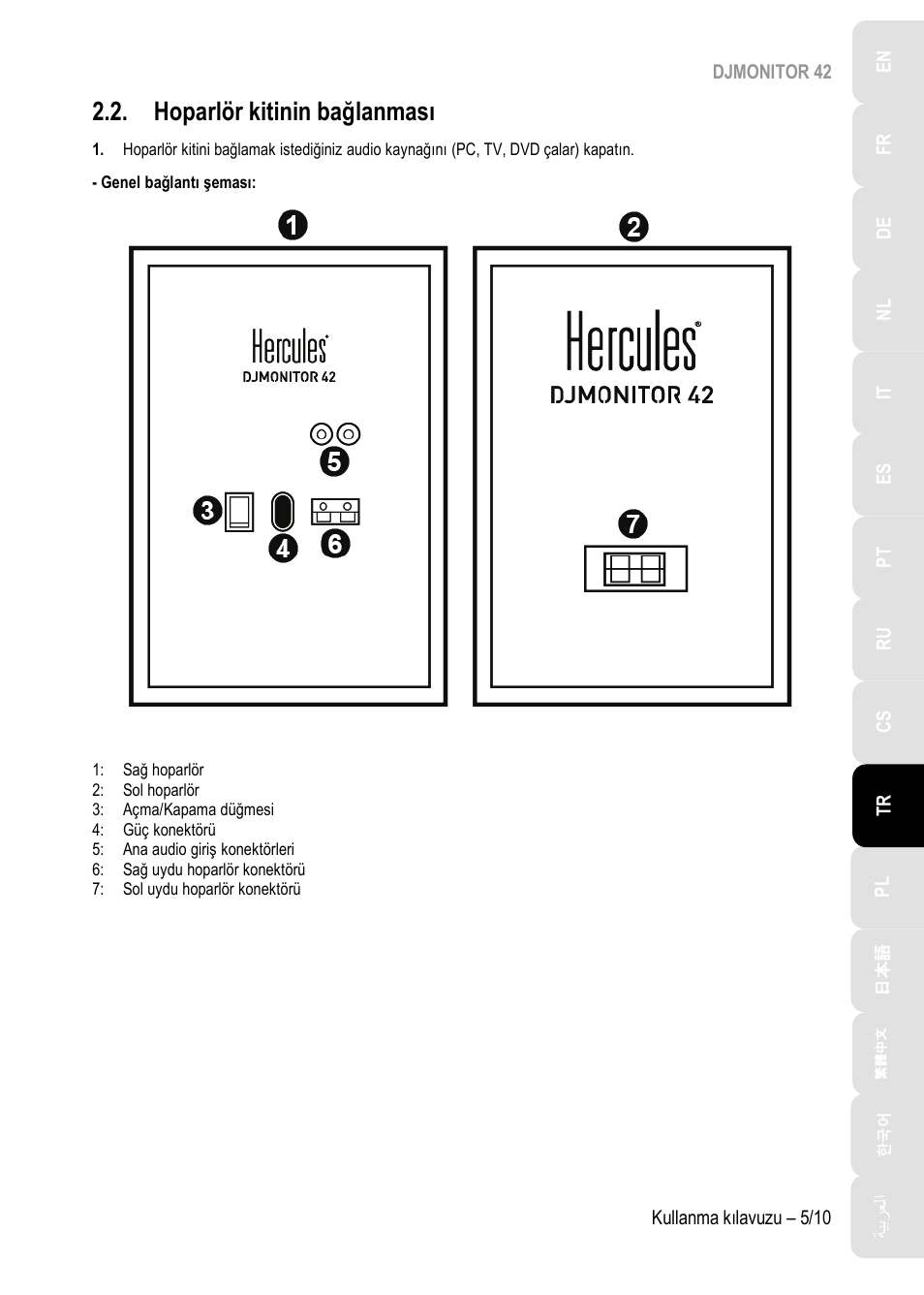 Hoparlör kitinin bağlanması | Hercules DJMonitor 42 - 4" Active Multimedia Speakers (Pair) User Manual | Page 96 / 199