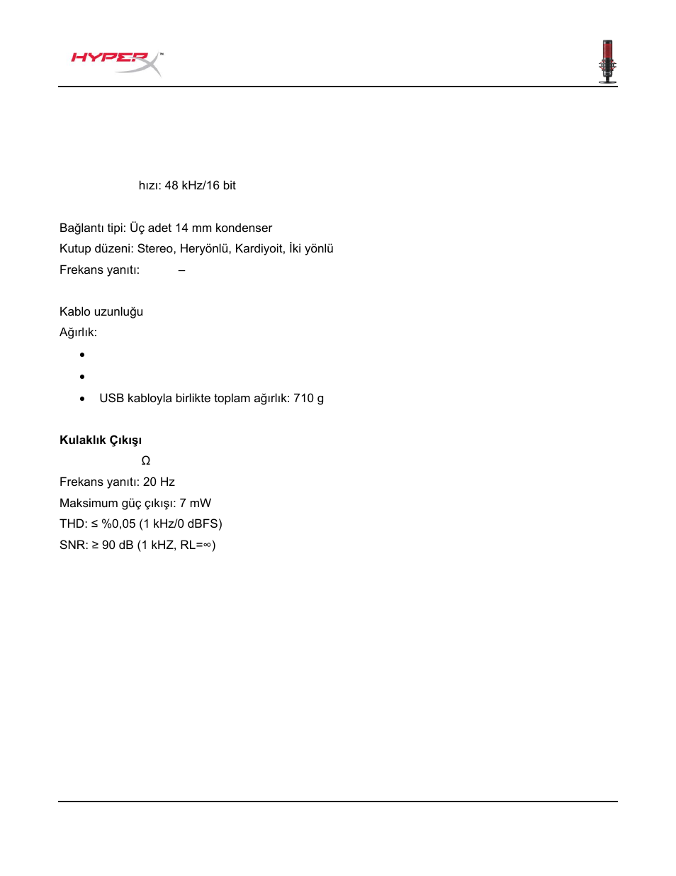 Teknik özellikler | HyperX QuadCast USB Condenser Microphone User Manual | Page 133 / 241