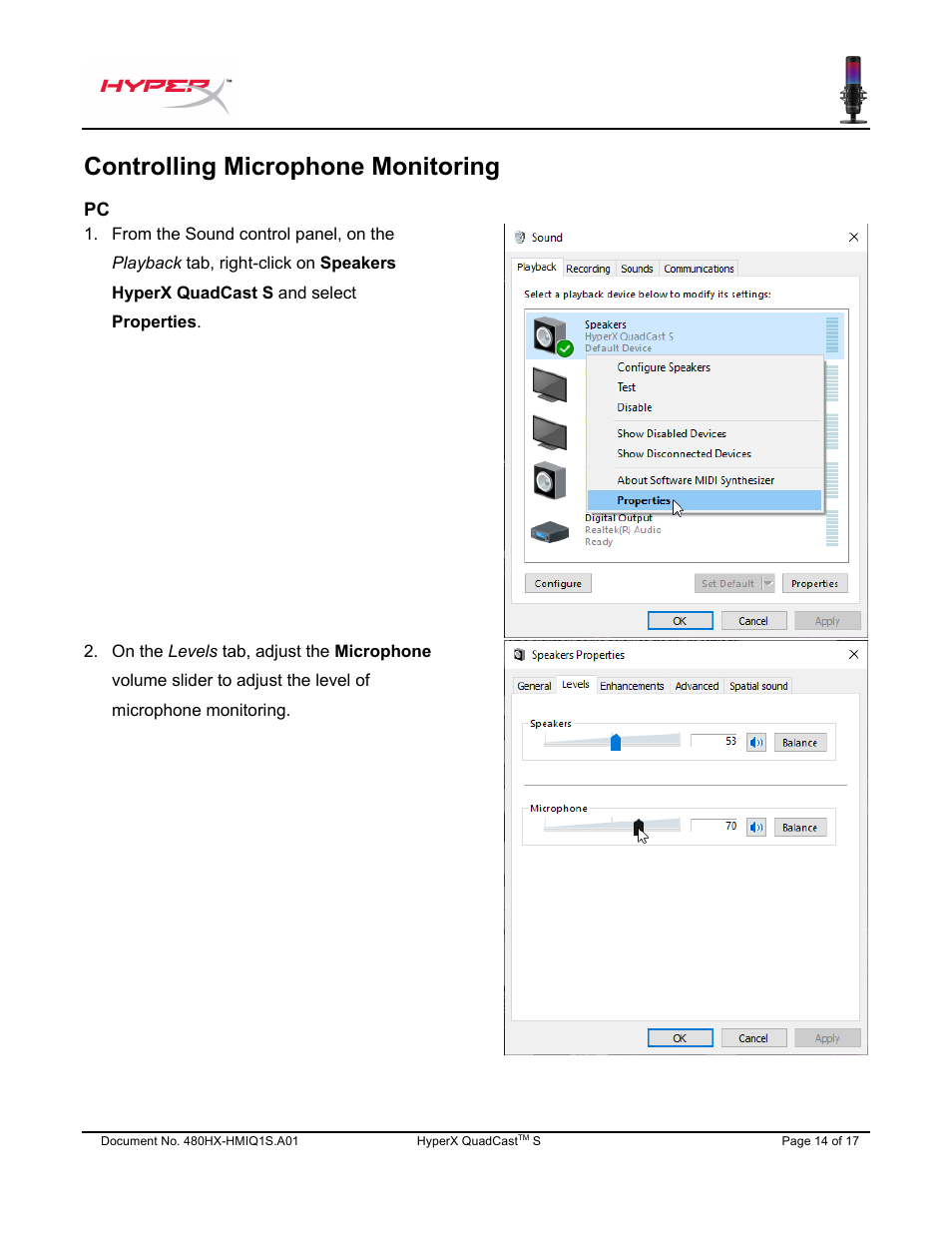 Controlling microphone monitoring | HyperX QuadCast S USB Condenser Microphone User Manual | Page 15 / 273