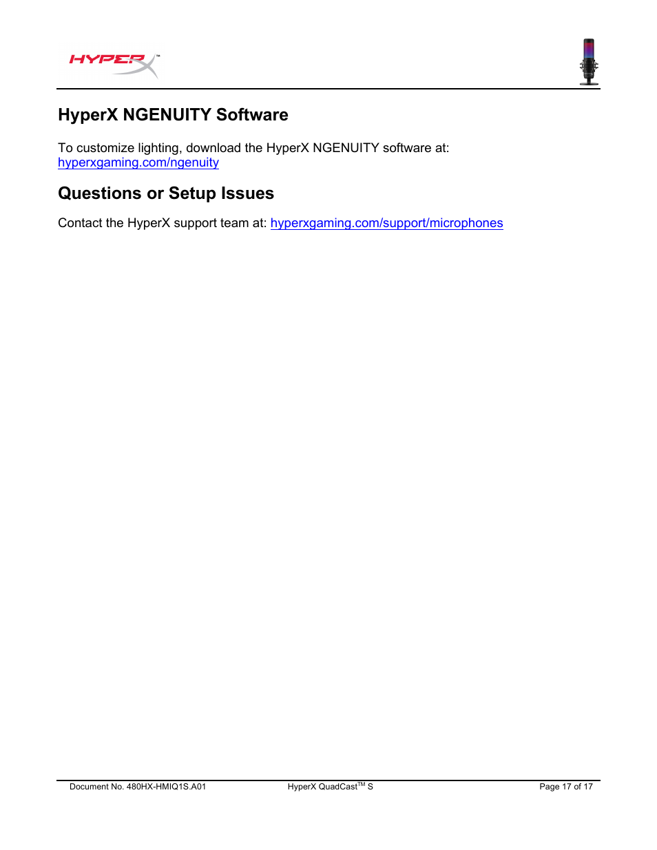 Hyperx ngenuity software, Questions or setup issues | HyperX QuadCast S USB Condenser Microphone User Manual | Page 18 / 273
