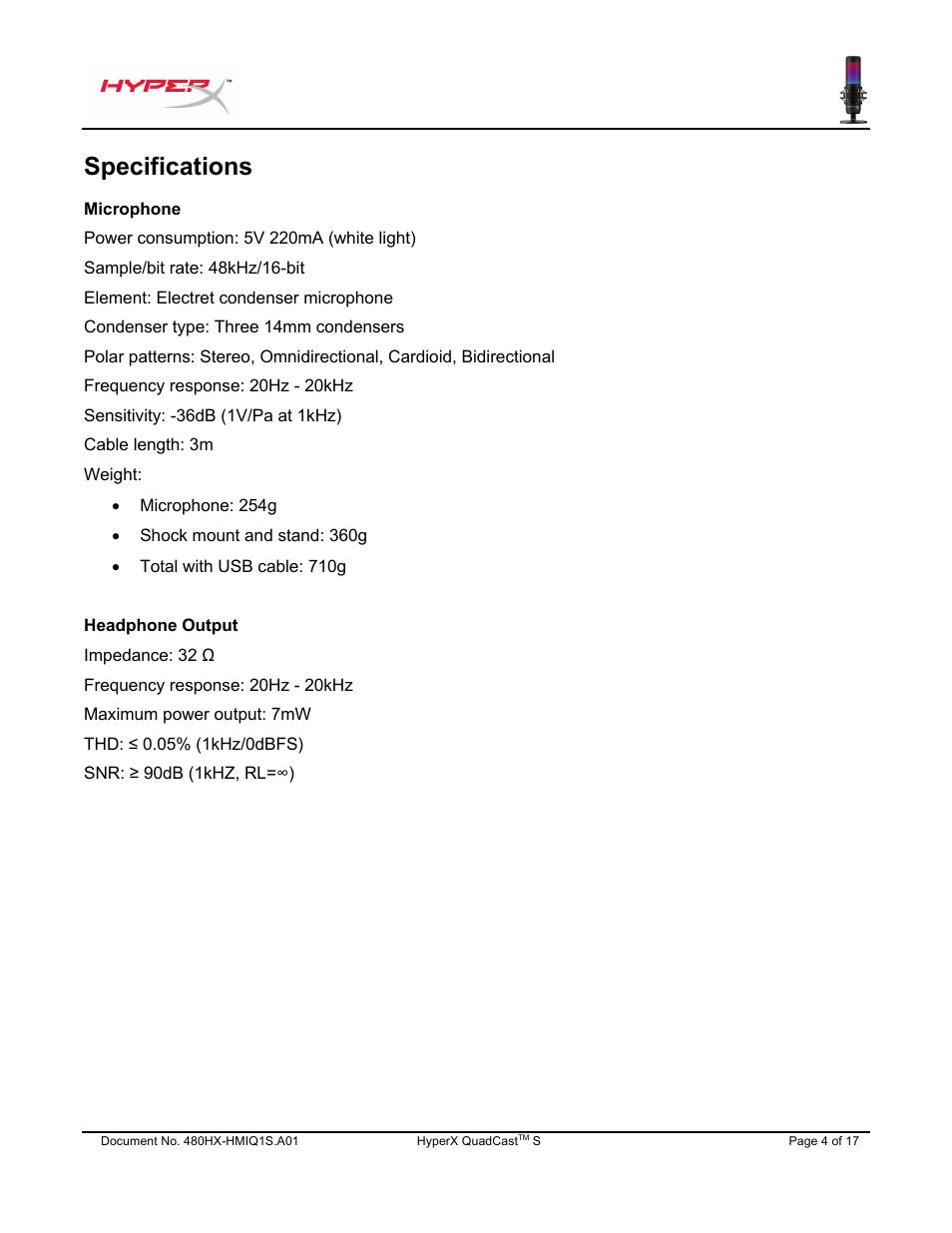 Specifications | HyperX QuadCast S USB Condenser Microphone User Manual | Page 5 / 273