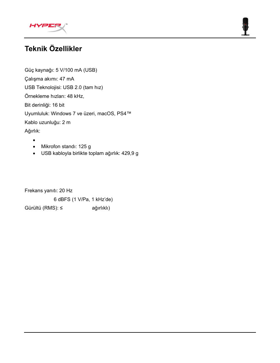 Teknik özellikler | HyperX SoloCast USB Condenser Microphone User Manual | Page 101 / 193
