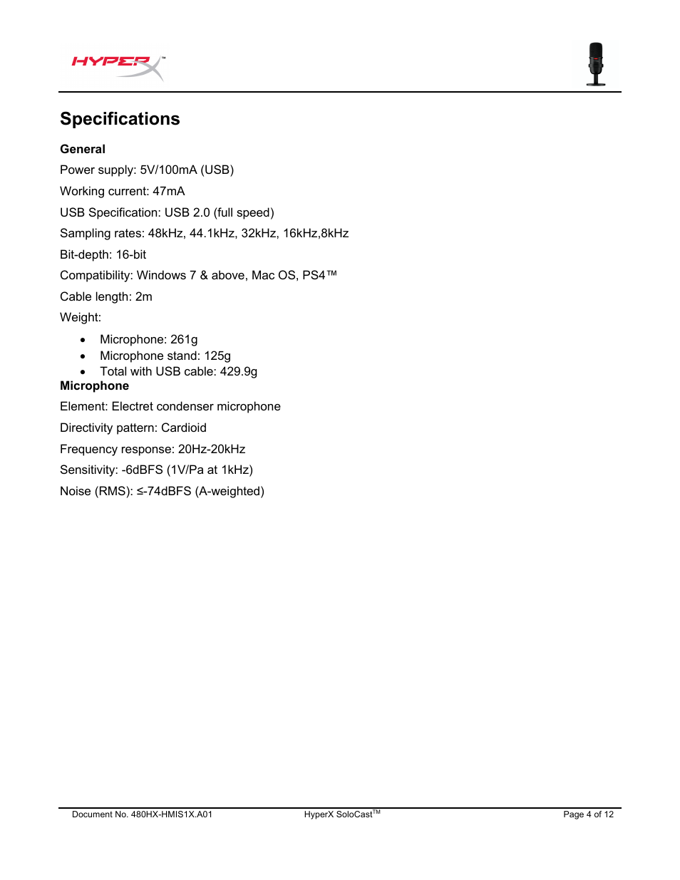 Specifications | HyperX SoloCast USB Condenser Microphone User Manual | Page 5 / 193