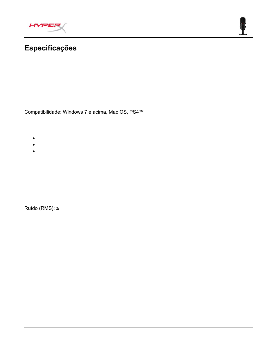 Especificações | HyperX SoloCast USB Condenser Microphone User Manual | Page 65 / 193