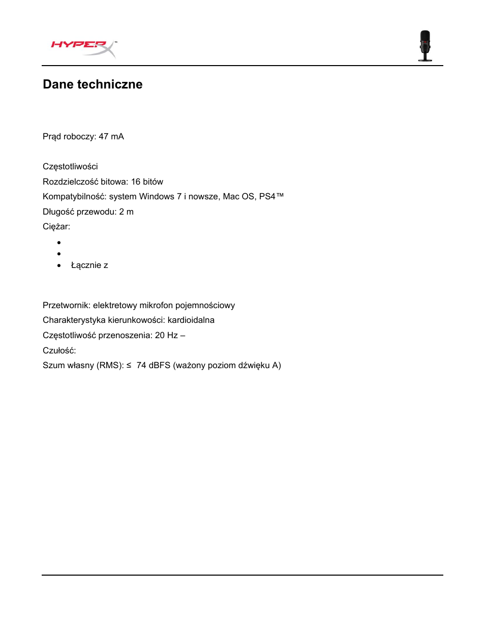 Dane techniczne | HyperX SoloCast USB Condenser Microphone User Manual | Page 77 / 193