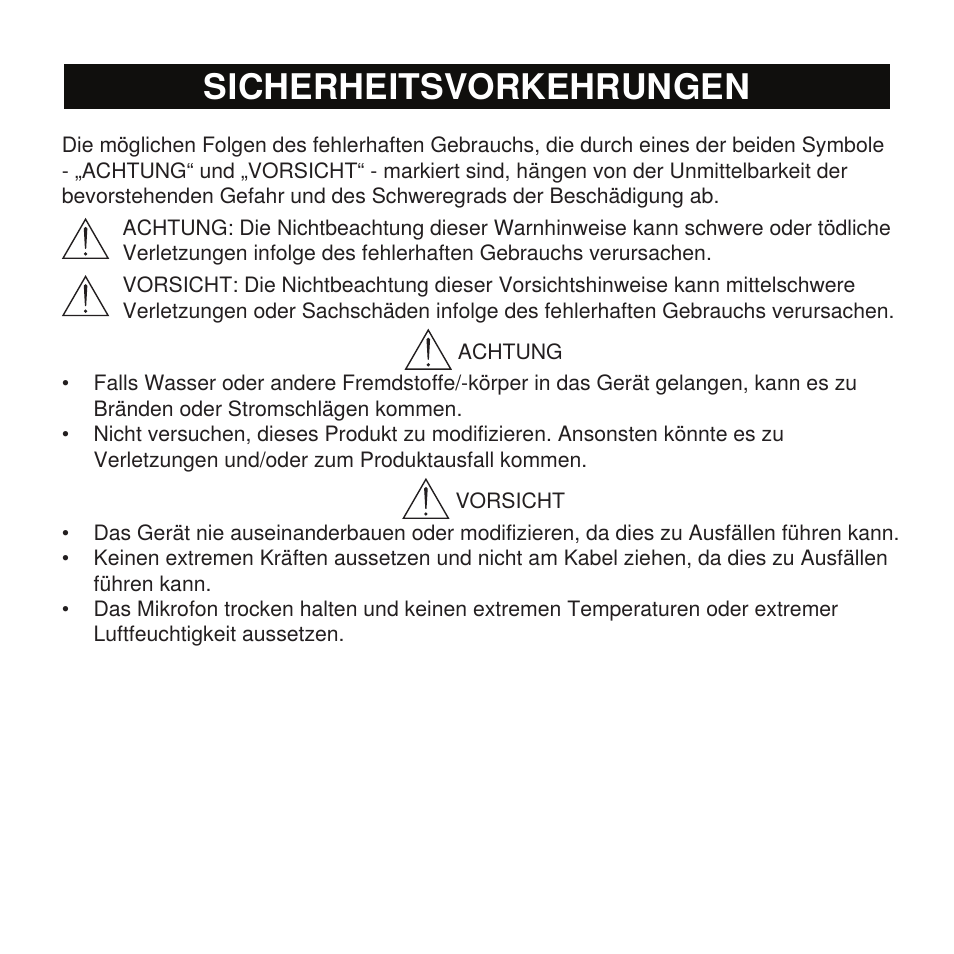 Sicherheitsvorkehrungen | Shure X2u XLR to USB Microphone Signal Adapter and SM57 Microphone Bundle User Manual | Page 10 / 108