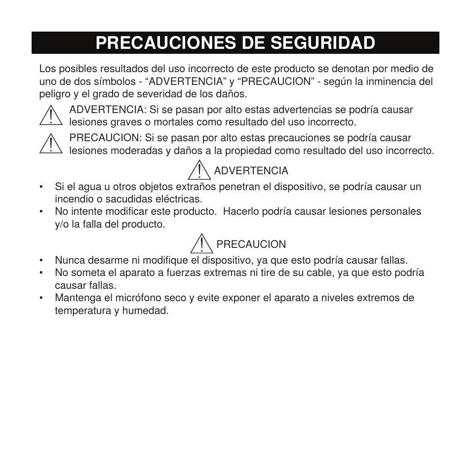 Precauciones de seguridad | Shure X2u XLR to USB Microphone Signal Adapter and SM57 Microphone Bundle User Manual | Page 11 / 108