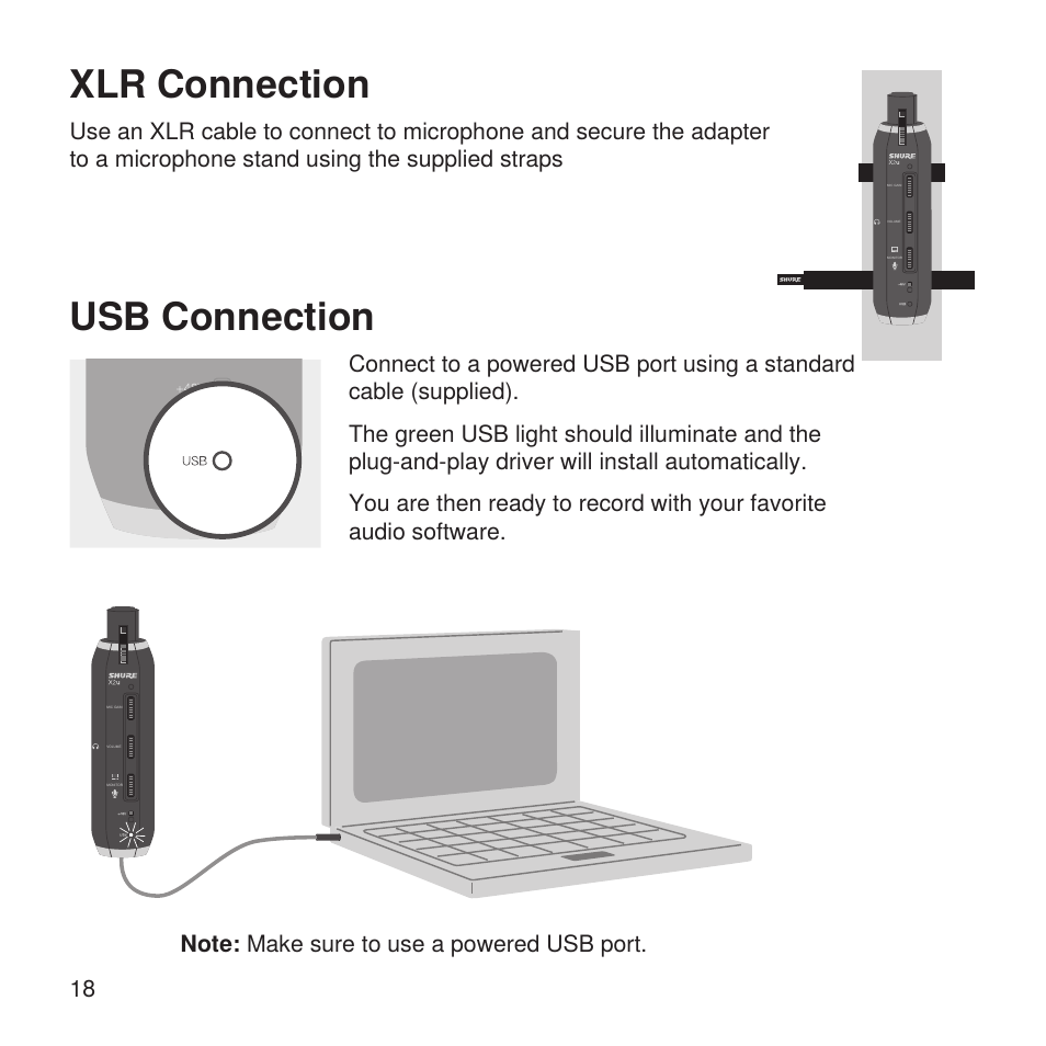 Usb connection, Xlr connection | Shure X2u XLR to USB Microphone Signal Adapter and SM57 Microphone Bundle User Manual | Page 18 / 108