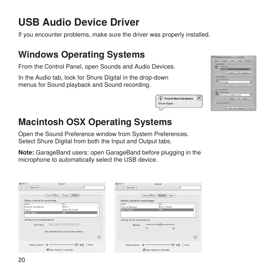 Usb audio device driver, Windows operating systems, Macintosh osx operating systems | Shure X2u XLR to USB Microphone Signal Adapter and SM57 Microphone Bundle User Manual | Page 20 / 108