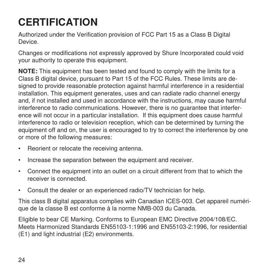 Certification | Shure X2u XLR to USB Microphone Signal Adapter and SM57 Microphone Bundle User Manual | Page 24 / 108