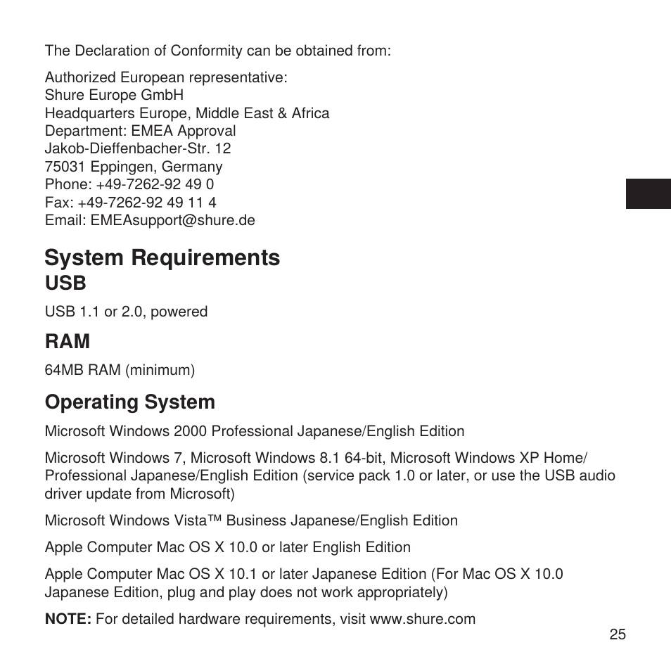 System requirements, Operating system | Shure X2u XLR to USB Microphone Signal Adapter and SM57 Microphone Bundle User Manual | Page 25 / 108