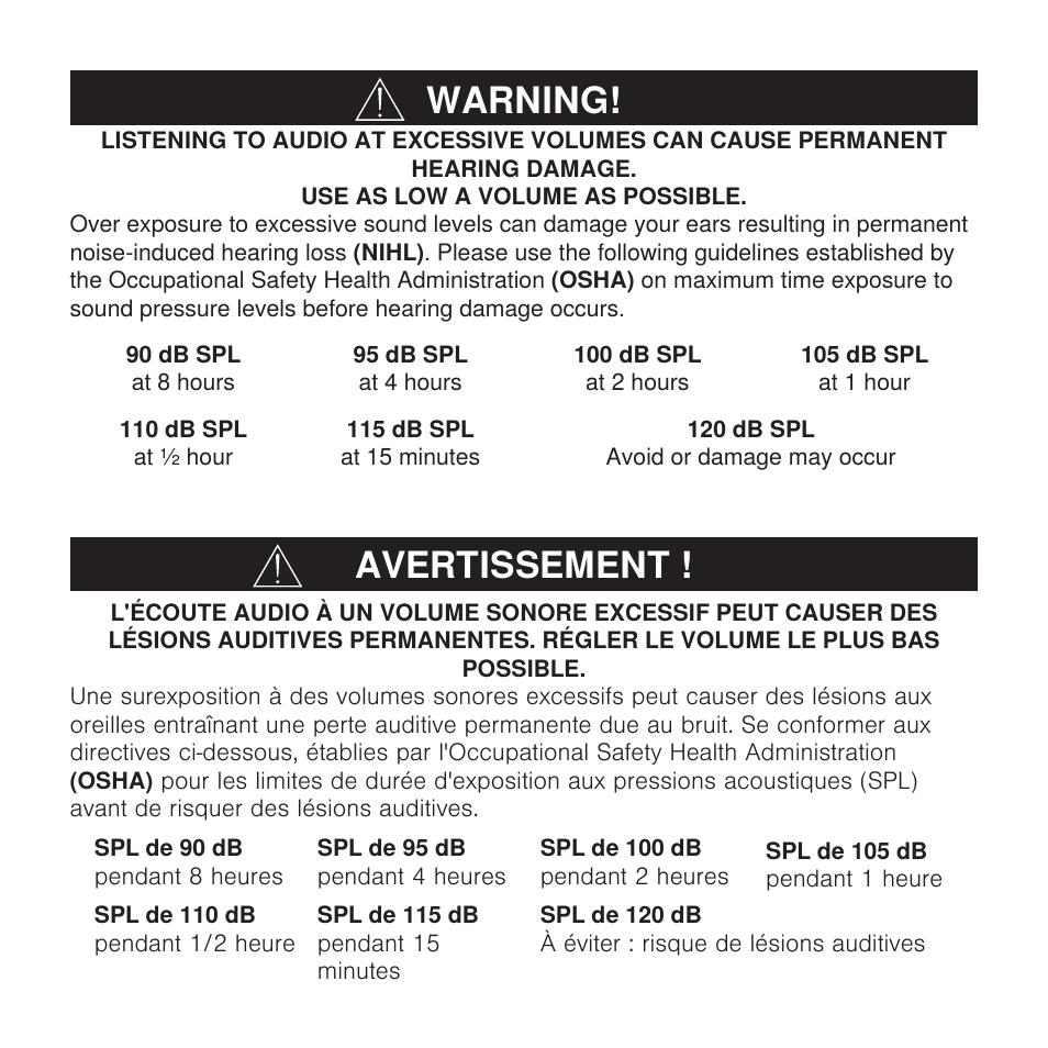 Avertissement, Warning | Shure X2u XLR to USB Microphone Signal Adapter and SM57 Microphone Bundle User Manual | Page 3 / 108