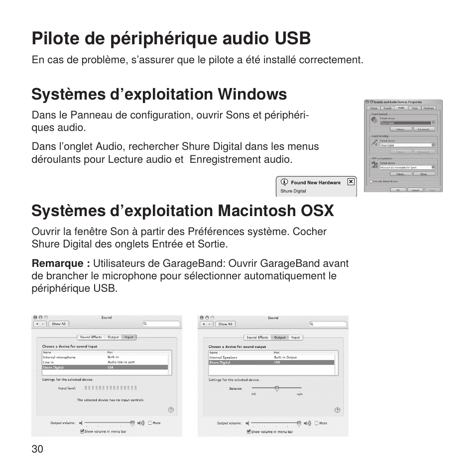 Pilote de périphérique audio usb, Systèmes d’exploitation windows, Systèmes d’exploitation macintosh osx | Shure X2u XLR to USB Microphone Signal Adapter and SM57 Microphone Bundle User Manual | Page 30 / 108