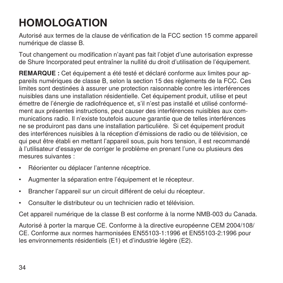 Homologation | Shure X2u XLR to USB Microphone Signal Adapter and SM57 Microphone Bundle User Manual | Page 34 / 108