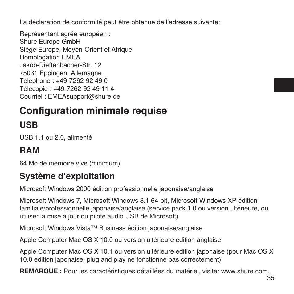 Configuration minimale requise, Système d’exploitation | Shure X2u XLR to USB Microphone Signal Adapter and SM57 Microphone Bundle User Manual | Page 35 / 108