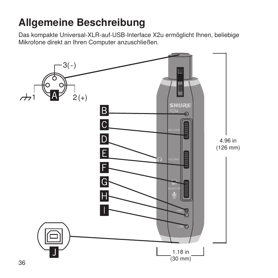 Allgemeine beschreibung | Shure X2u XLR to USB Microphone Signal Adapter and SM57 Microphone Bundle User Manual | Page 36 / 108