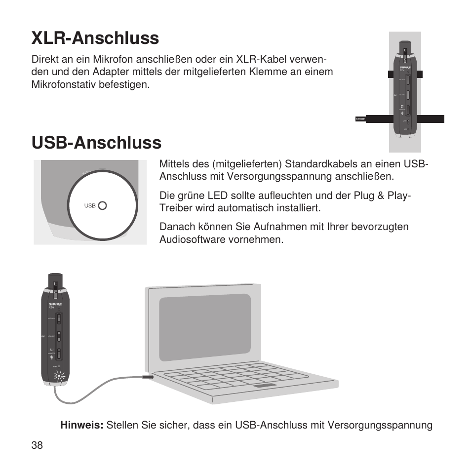 Usb-anschluss, Xlr-anschluss | Shure X2u XLR to USB Microphone Signal Adapter and SM57 Microphone Bundle User Manual | Page 38 / 108