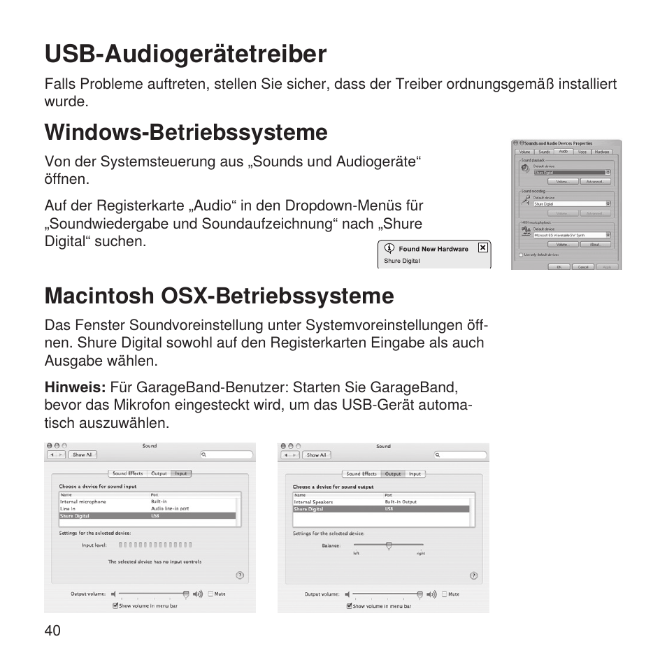 Usb-audiogerätetreiber, Windows-betriebssysteme, Macintosh osx-betriebssysteme | Shure X2u XLR to USB Microphone Signal Adapter and SM57 Microphone Bundle User Manual | Page 40 / 108