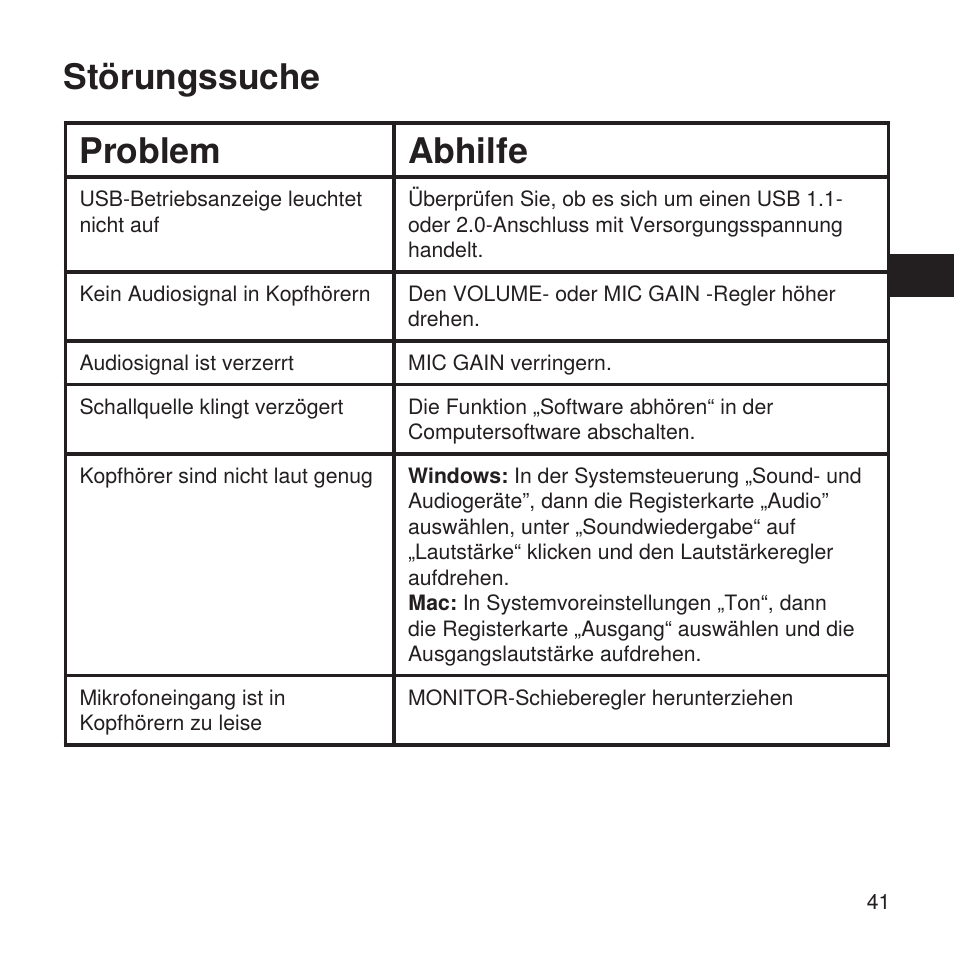 Störungssuche problem abhilfe | Shure X2u XLR to USB Microphone Signal Adapter and SM57 Microphone Bundle User Manual | Page 41 / 108