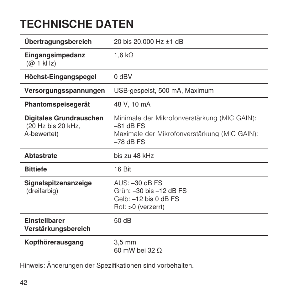 Technische daten | Shure X2u XLR to USB Microphone Signal Adapter and SM57 Microphone Bundle User Manual | Page 42 / 108