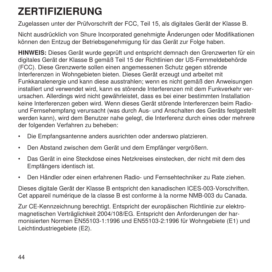 Zertifizierung | Shure X2u XLR to USB Microphone Signal Adapter and SM57 Microphone Bundle User Manual | Page 44 / 108