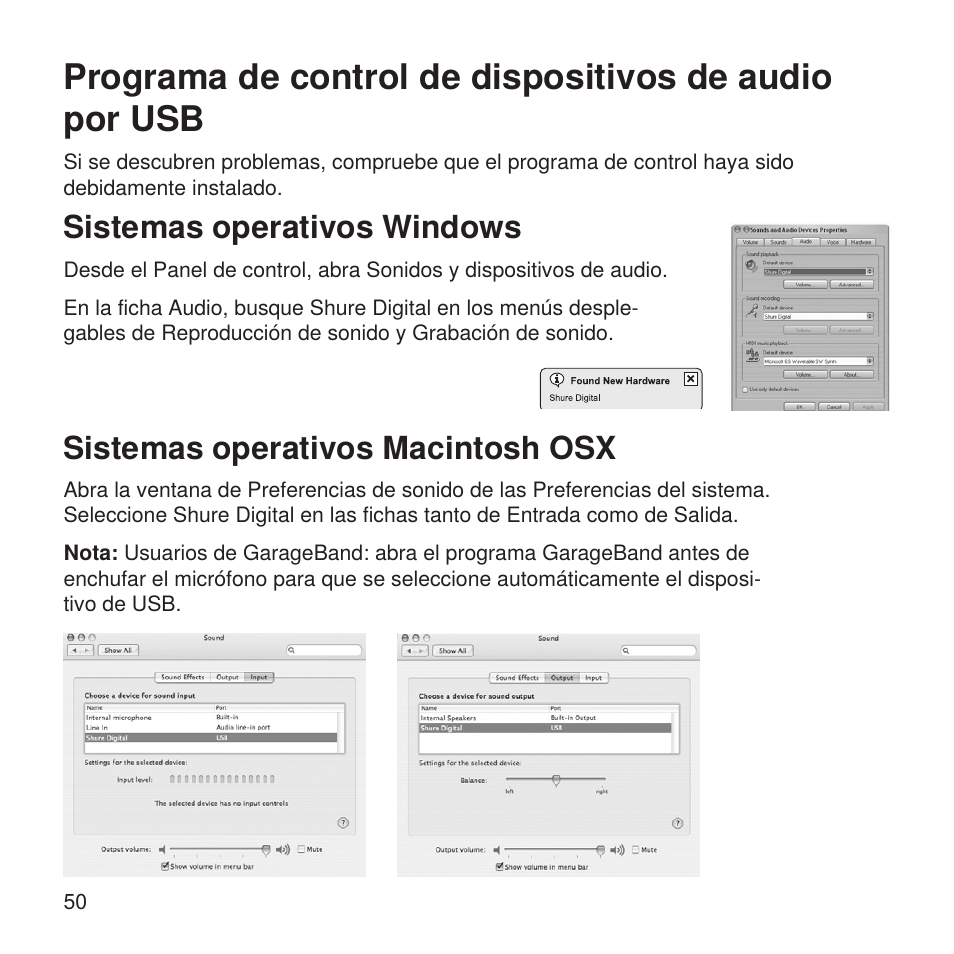 Sistemas operativos windows, Sistemas operativos macintosh osx | Shure X2u XLR to USB Microphone Signal Adapter and SM57 Microphone Bundle User Manual | Page 50 / 108