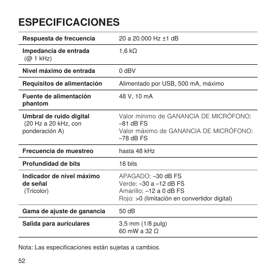 Especificaciones | Shure X2u XLR to USB Microphone Signal Adapter and SM57 Microphone Bundle User Manual | Page 52 / 108