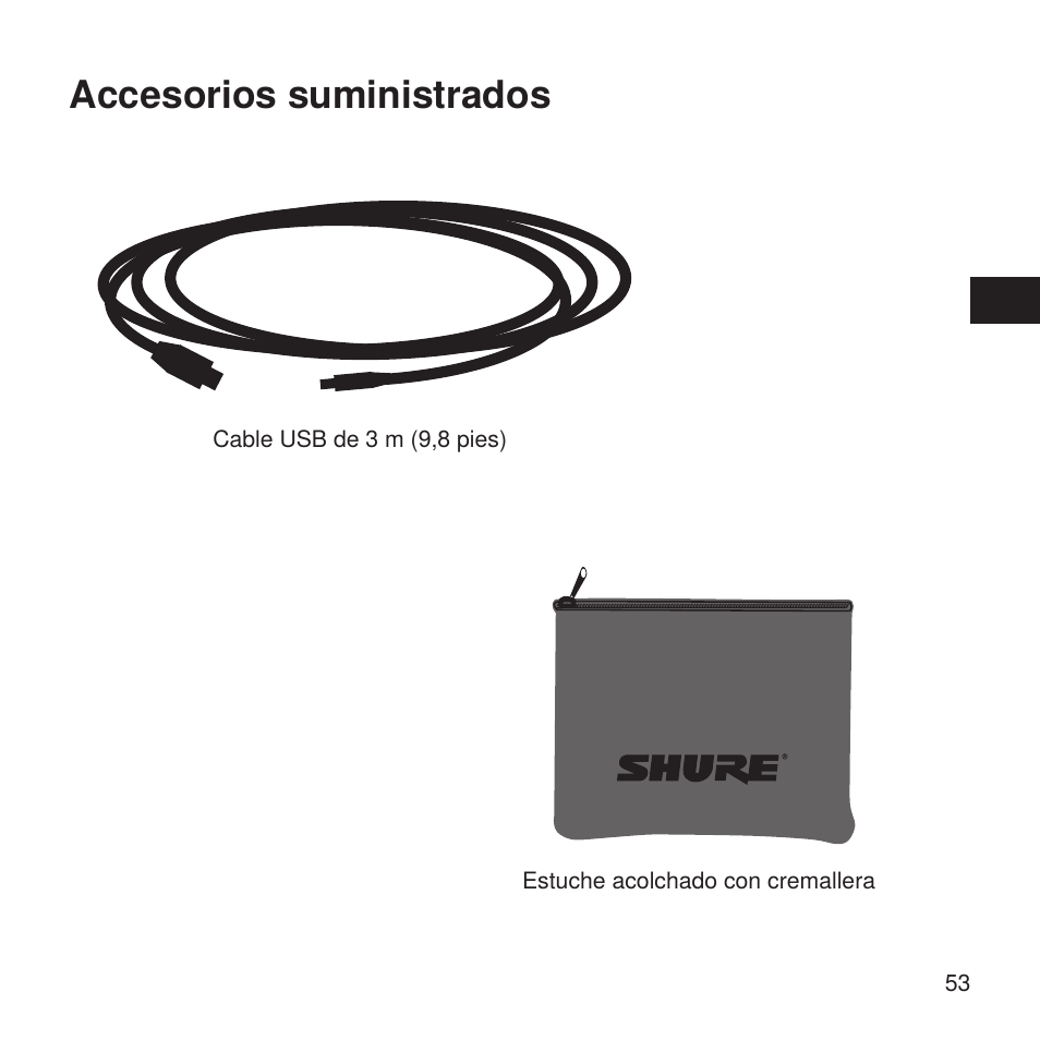 Accesorios suministrados | Shure X2u XLR to USB Microphone Signal Adapter and SM57 Microphone Bundle User Manual | Page 53 / 108