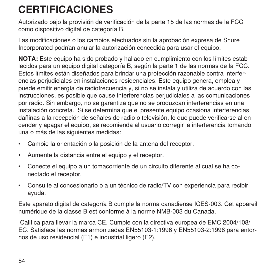 Certificaciones | Shure X2u XLR to USB Microphone Signal Adapter and SM57 Microphone Bundle User Manual | Page 54 / 108