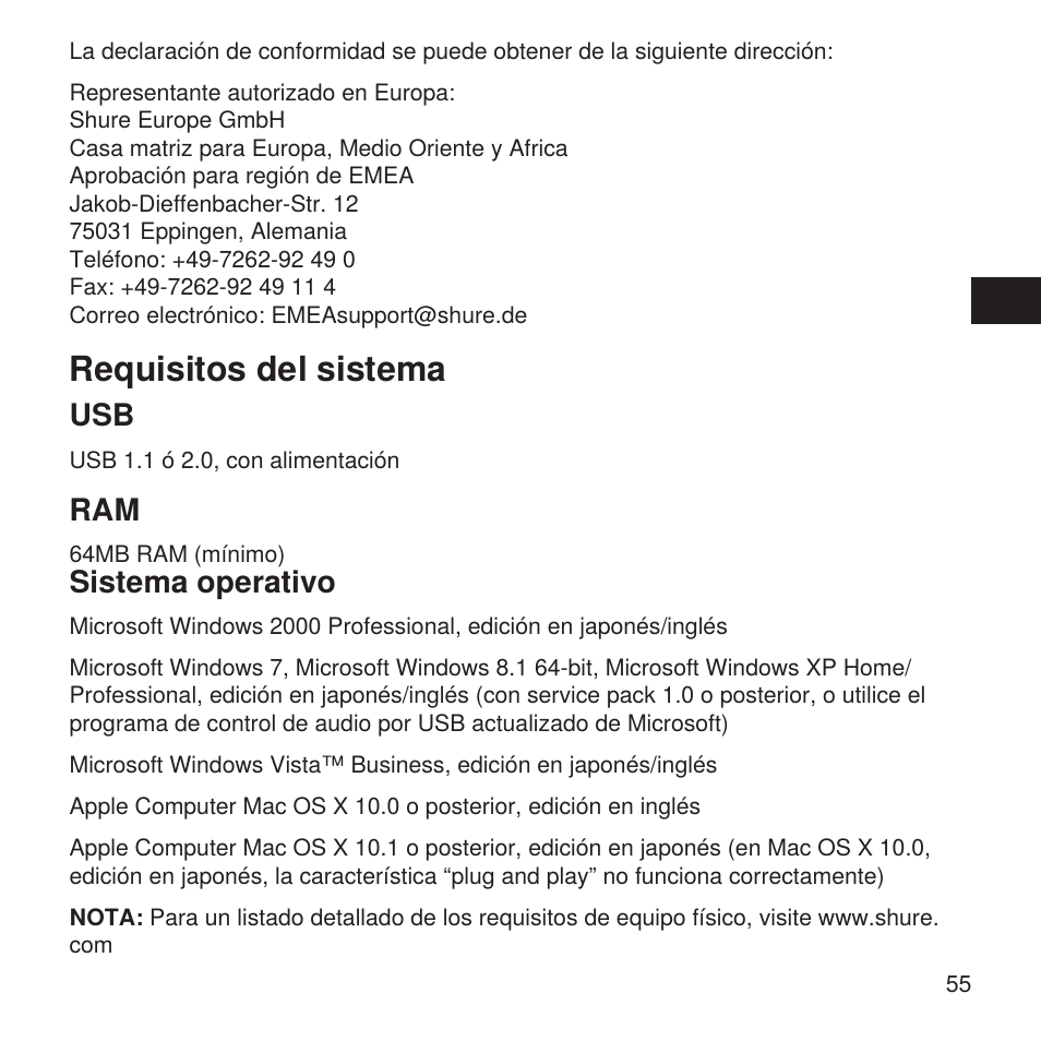 Requisitos del sistema, Sistema operativo | Shure X2u XLR to USB Microphone Signal Adapter and SM57 Microphone Bundle User Manual | Page 55 / 108