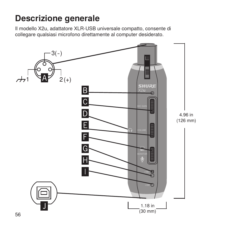 Descrizione generale | Shure X2u XLR to USB Microphone Signal Adapter and SM57 Microphone Bundle User Manual | Page 56 / 108