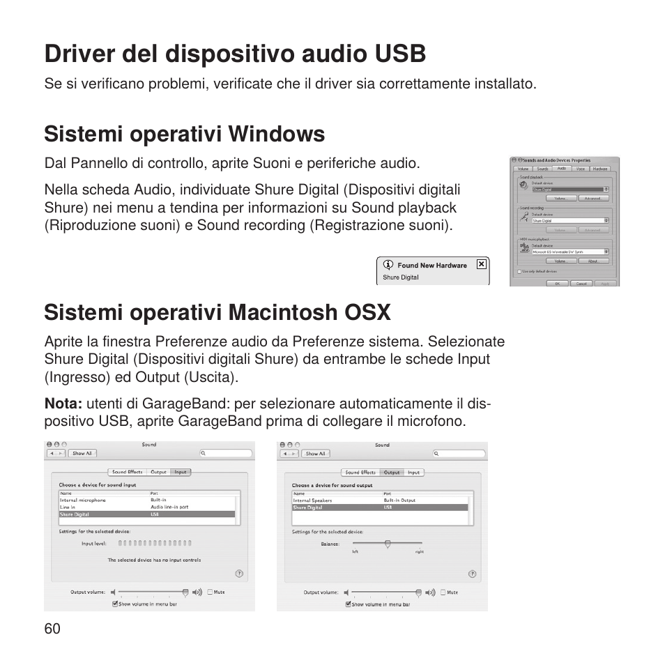 Driver del dispositivo audio usb, Sistemi operativi windows, Sistemi operativi macintosh osx | Shure X2u XLR to USB Microphone Signal Adapter and SM57 Microphone Bundle User Manual | Page 60 / 108