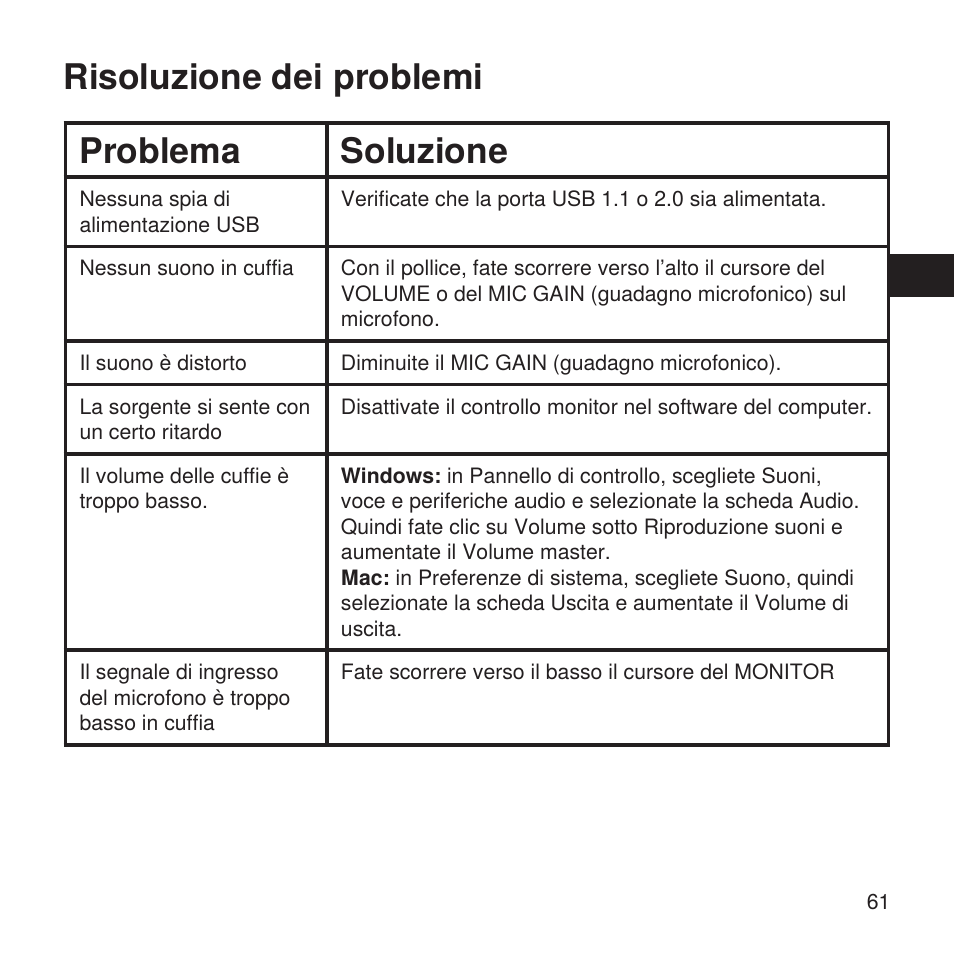 Risoluzione dei problemi problema soluzione | Shure X2u XLR to USB Microphone Signal Adapter and SM57 Microphone Bundle User Manual | Page 61 / 108