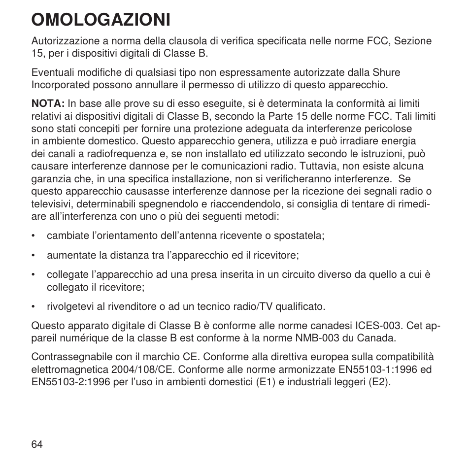 Omologazioni | Shure X2u XLR to USB Microphone Signal Adapter and SM57 Microphone Bundle User Manual | Page 64 / 108