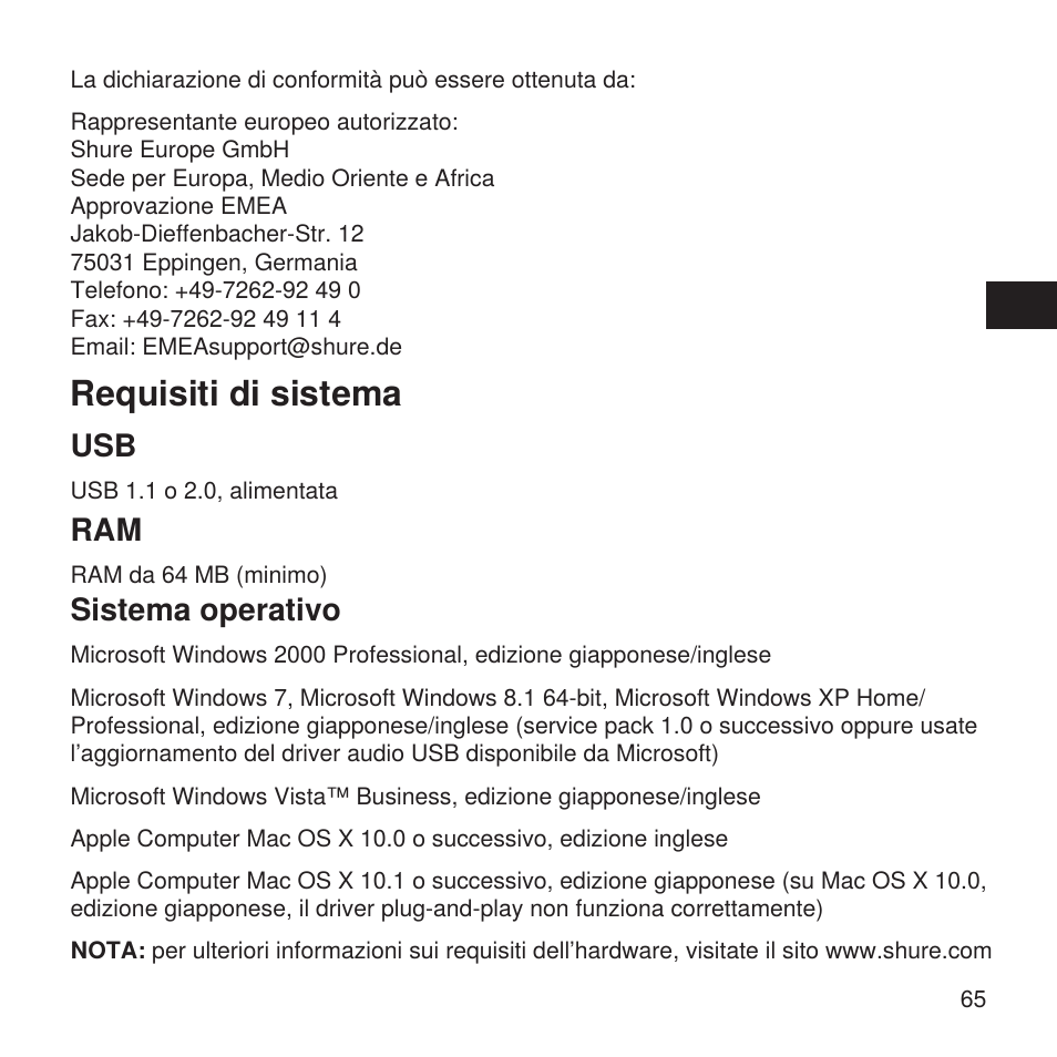 Requisiti di sistema, Sistema operativo | Shure X2u XLR to USB Microphone Signal Adapter and SM57 Microphone Bundle User Manual | Page 65 / 108