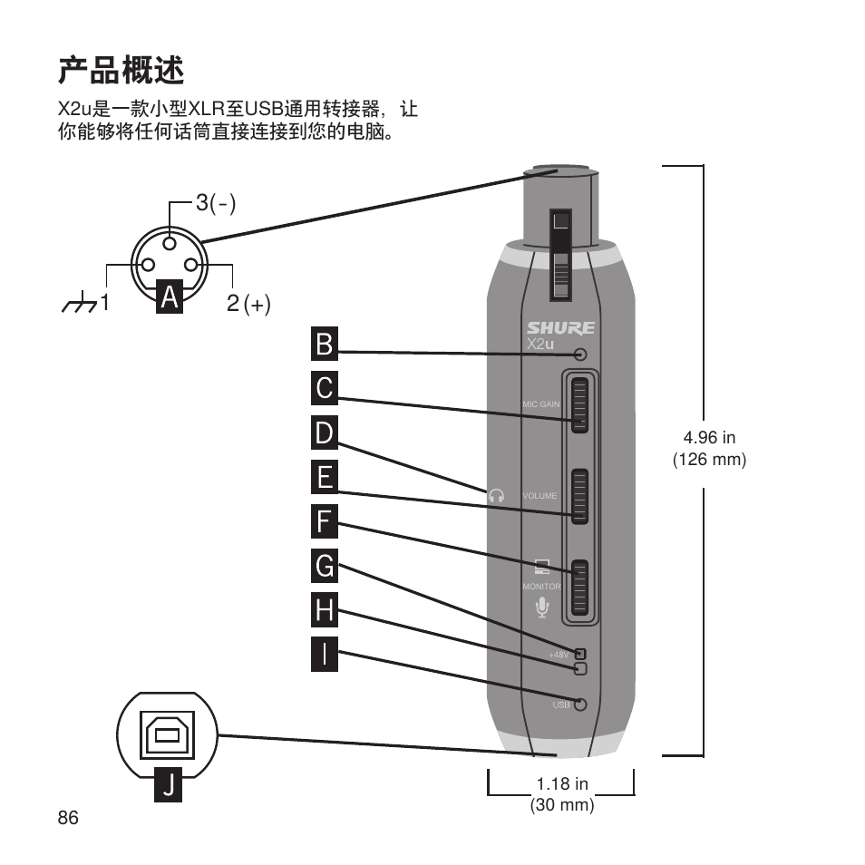 产品概述 | Shure X2u XLR to USB Microphone Signal Adapter and SM57 Microphone Bundle User Manual | Page 86 / 108