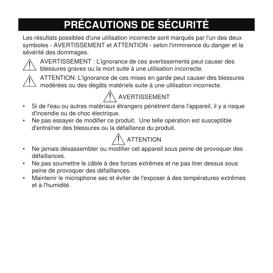 Précautions de sécurité | Shure X2u XLR to USB Microphone Signal Adapter and SM57 Microphone Bundle User Manual | Page 9 / 108