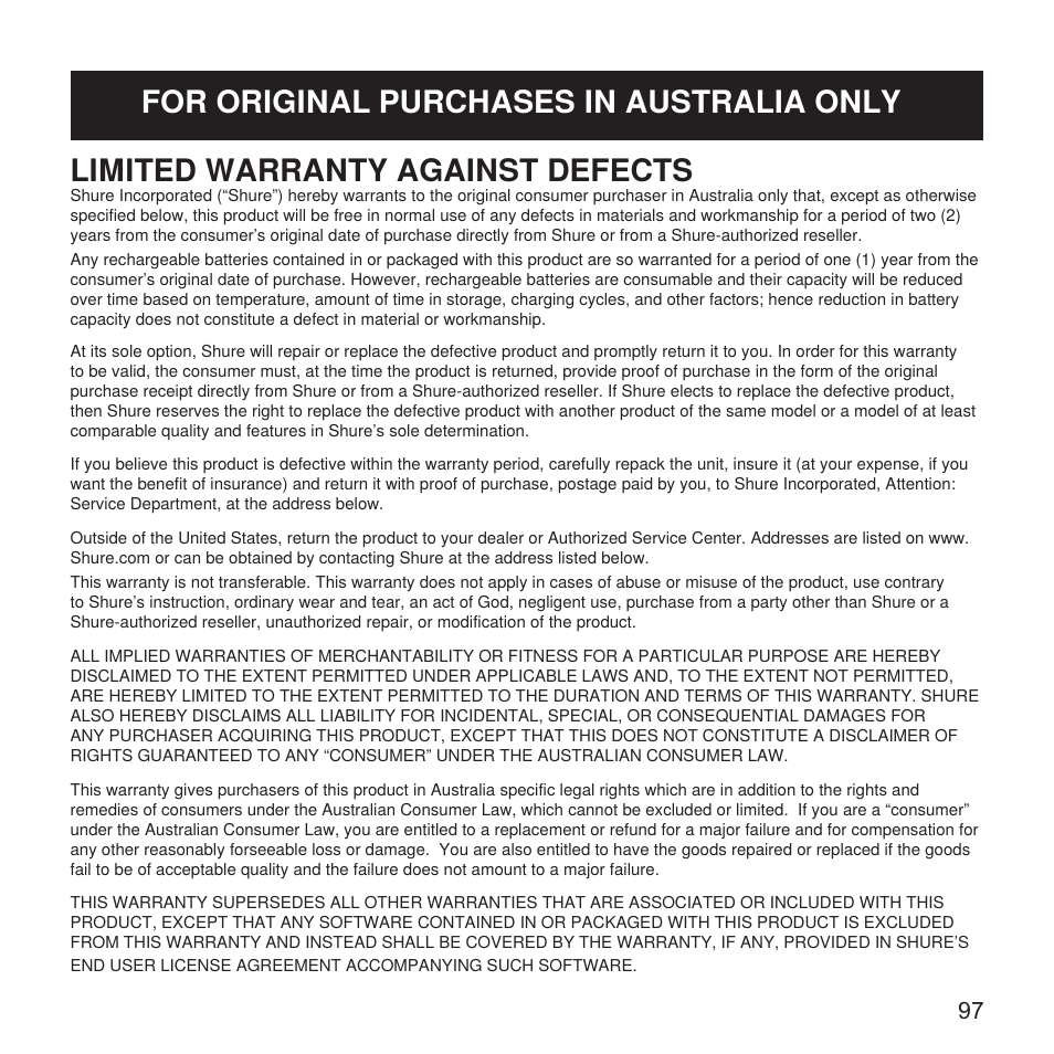 Limited warranty against defects, For original purchases in australia only | Shure X2u XLR to USB Microphone Signal Adapter and SM57 Microphone Bundle User Manual | Page 97 / 108