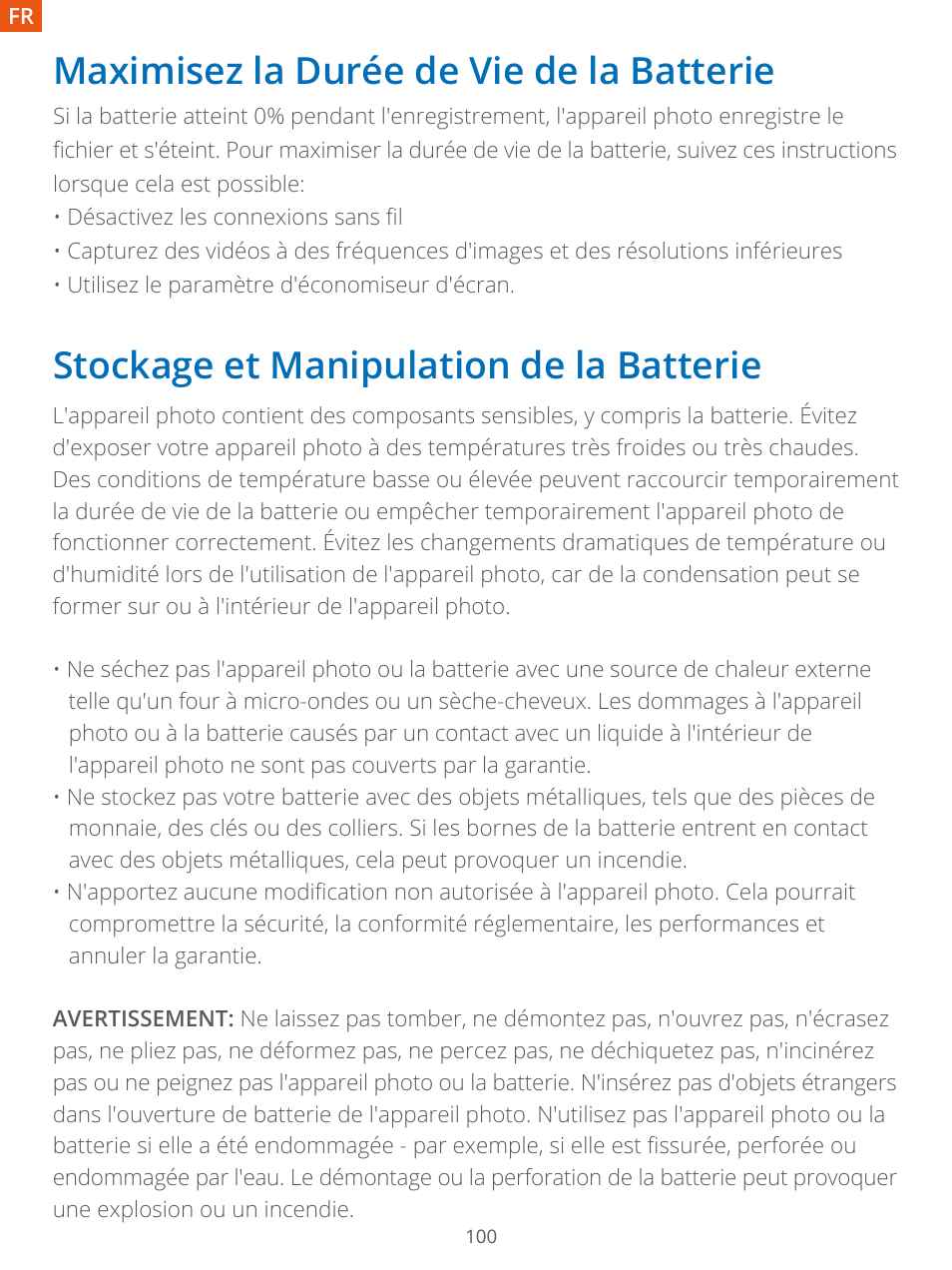Maximisez la durée de vie de la batterie, Stockage et manipulation de la batterie | AKASO Brave 7 Action Camera User Manual | Page 102 / 159