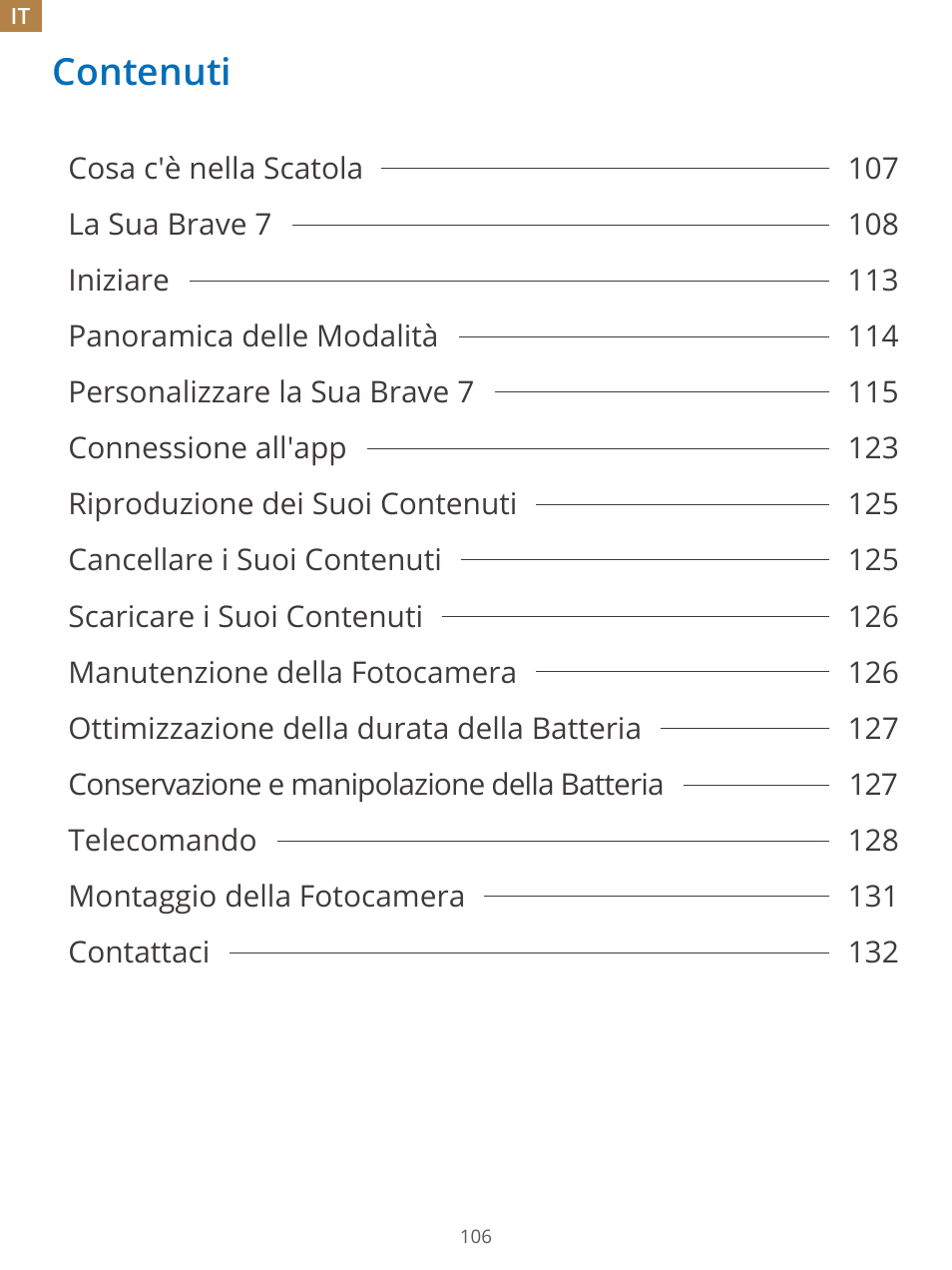 Italiano_contenuti, Contenuti | AKASO Brave 7 Action Camera User Manual | Page 108 / 159