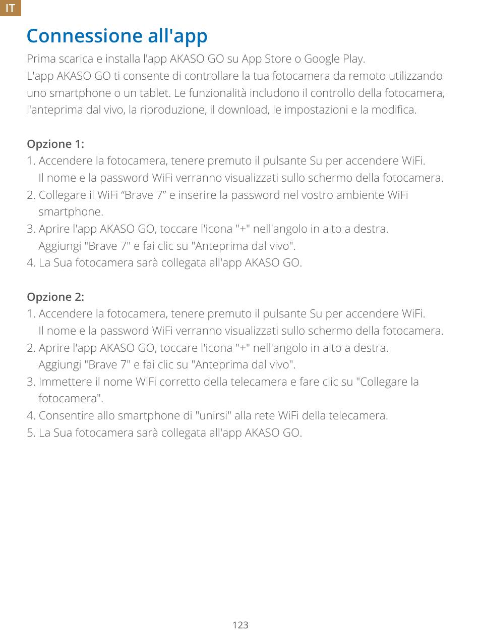 Connessione all'app | AKASO Brave 7 Action Camera User Manual | Page 124 / 159