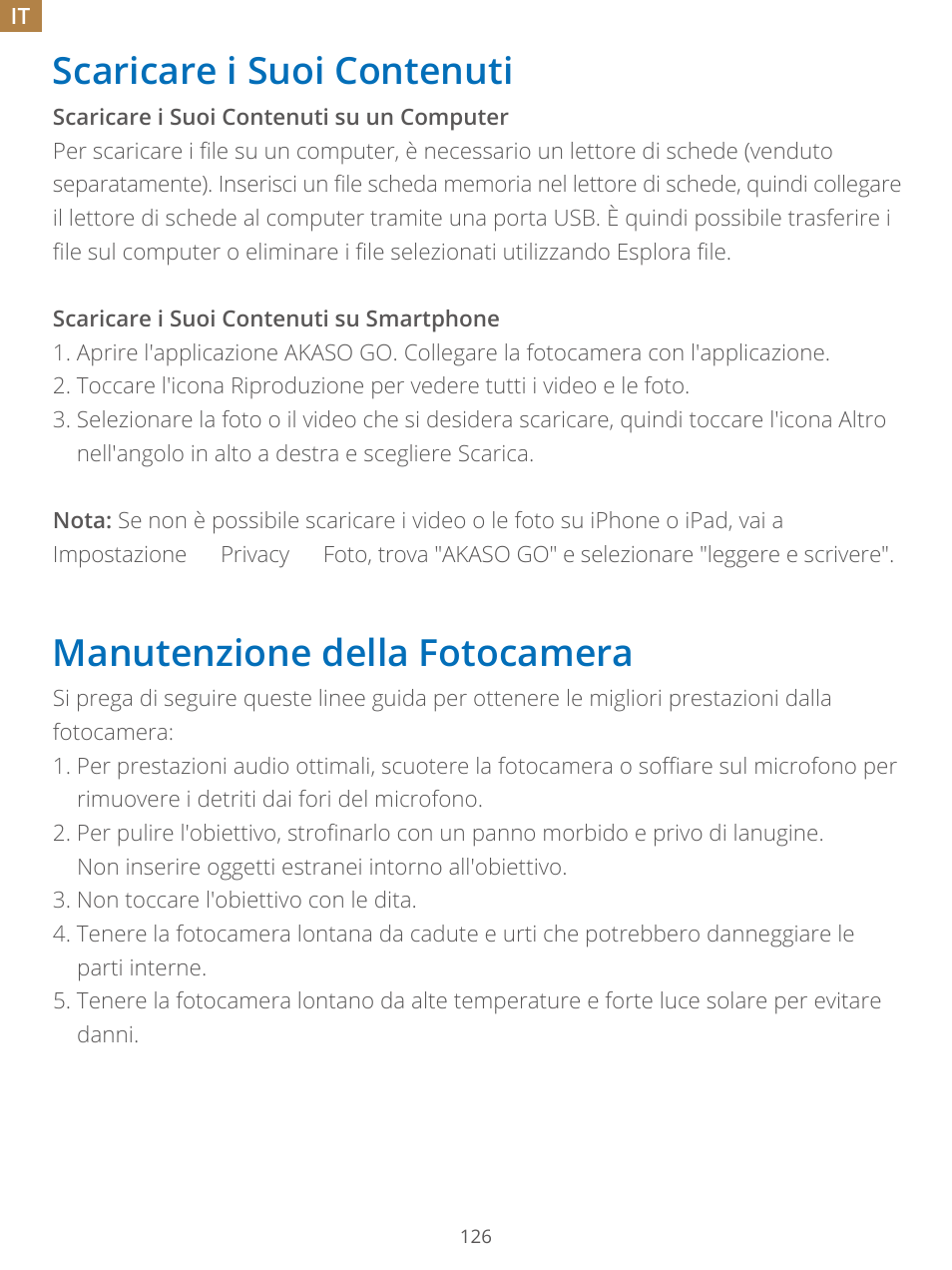Scaricare i suoi contenuti, Manutenzione della fotocamera | AKASO Brave 7 Action Camera User Manual | Page 127 / 159