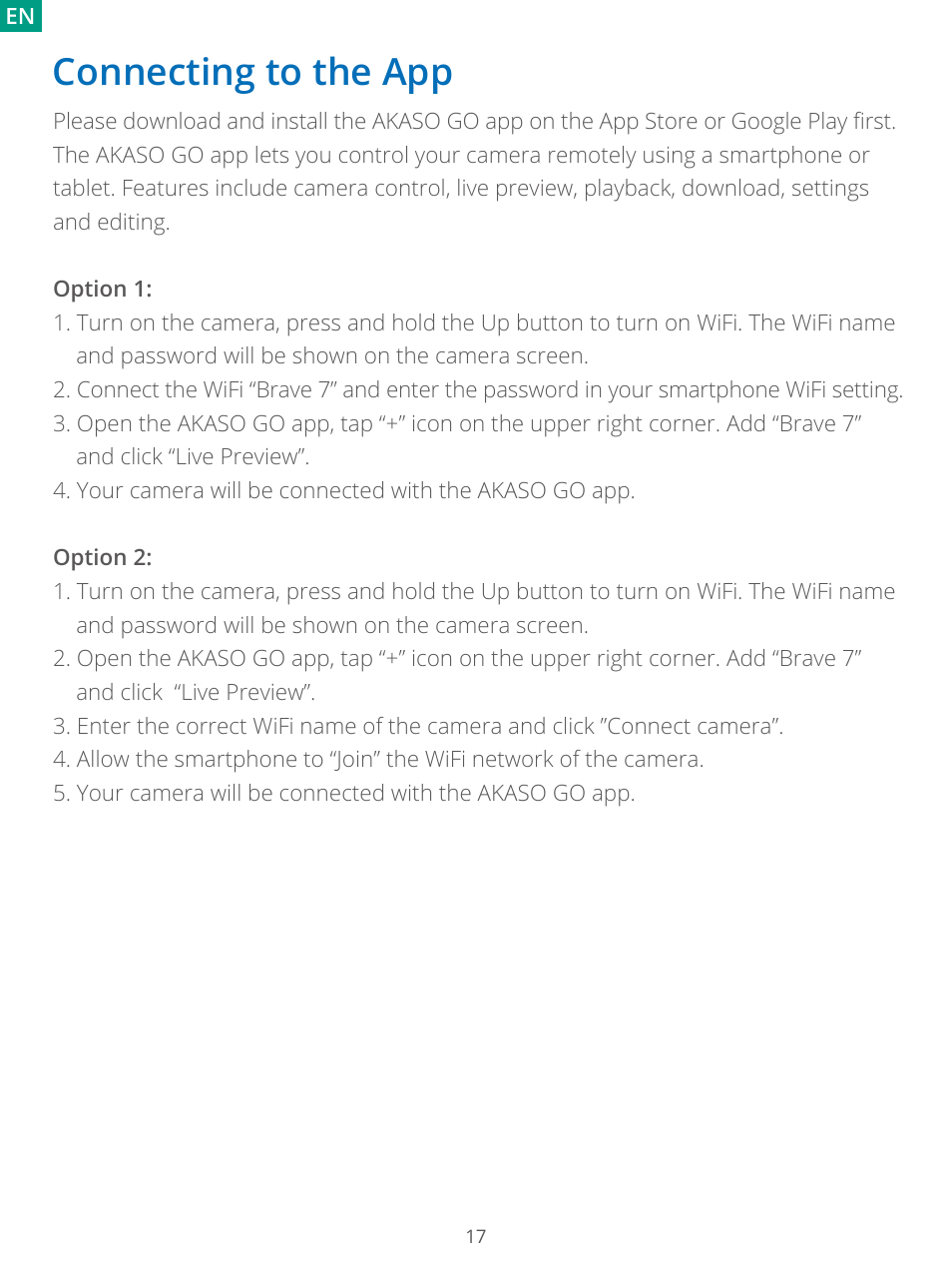 Connecting to the app | AKASO Brave 7 Action Camera User Manual | Page 19 / 159